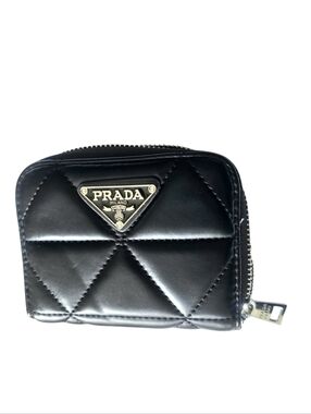 New Prada Black Quilted Shiny Leather Wallet ID Coin Purse Zipper